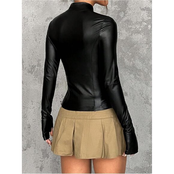 Women Faux Leather Jacket Thin Fleece Mock Neck Zip Up Long Sleeve Winter Black - Picture 2 of 5